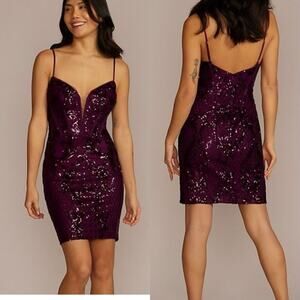 NWT DB Studio SZ 14 MSRP $169 Short Allover Sequin Illusion Plunge Dress
